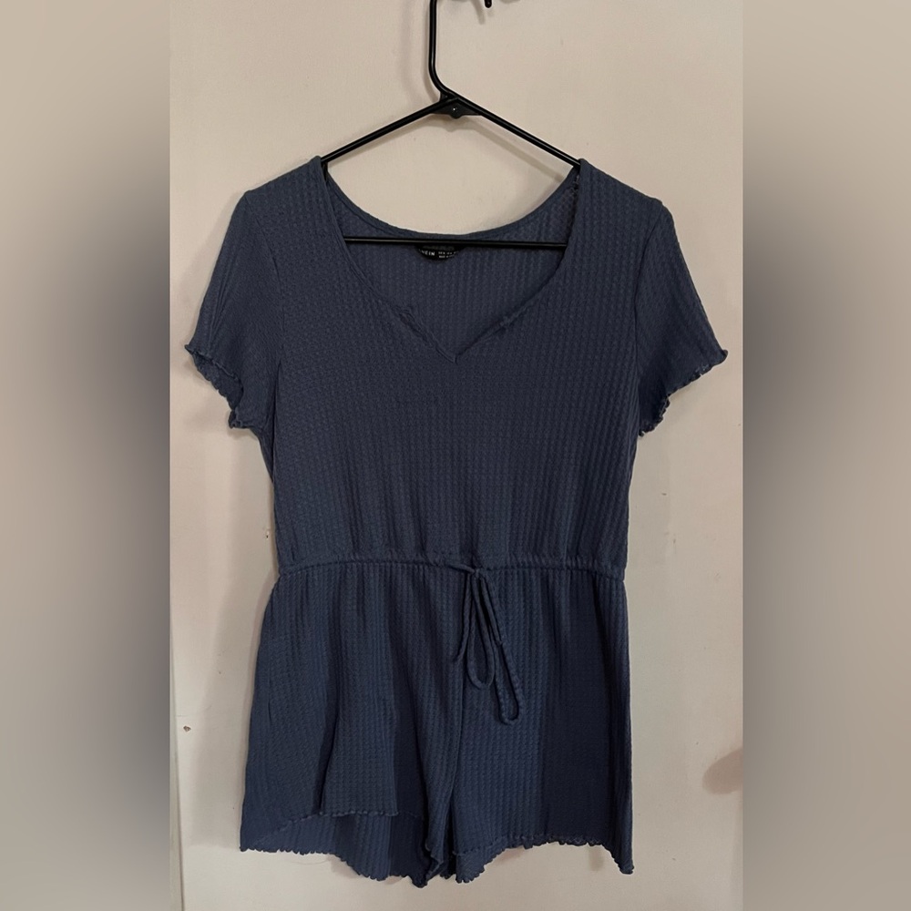 Textured V-Neck Knit Romper in Slate Blue